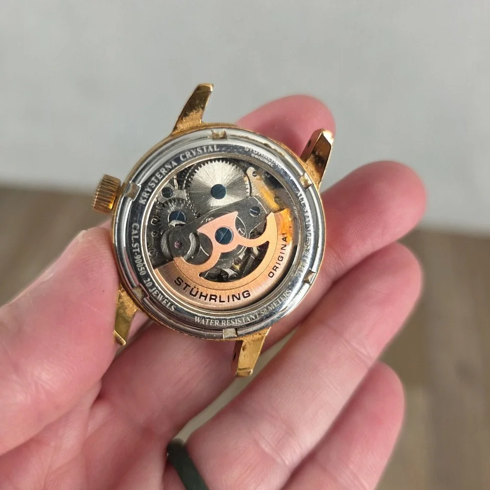 Stuhrling Original Mens Skeleton Automatic Watch Gold Tone ST-90050 Black Dial